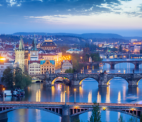 Image showing Panoramic view of Prague bridges over Vltava river