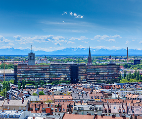 Image showing Aerial view of Munich with Bavarian Alps in back