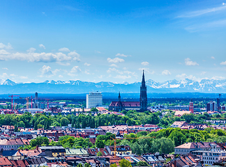 Image showing Aerial view of Munich with Bavarian Alps in background