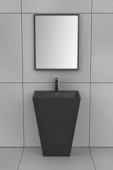 Image showing Black pedestal wash basin with faucet and mirror