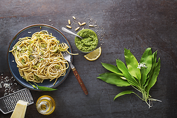 Image showing Ramson wild garlic pesto pasta 