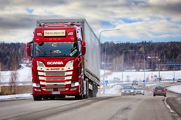 Image showing Red Scania 500 S Super Truck Pulls Semi Trailer on Road