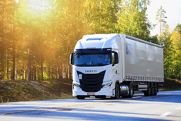 Image showing White Iveco S-Way Truck Pulls Semi Trailer on Road