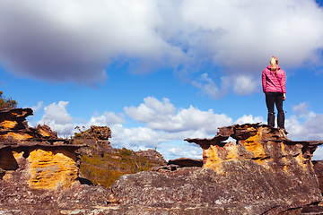 Image showing Woman on a pagoda rock Blue Mountains Australia