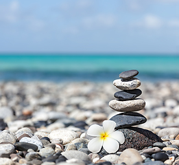 Image showing Zen balanced stones stack with plumeria flower