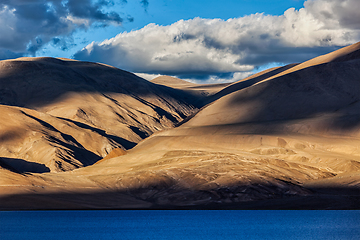 Image showing Himalayas and Lake Tso Moriri on sunset. Ladakh