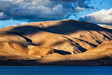 Image showing Himalayas and Lake Tso Moriri on sunset. Ladakh