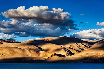 Image showing Himalayas and Lake Tso Moriri on sunset. Ladakh