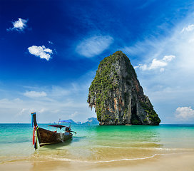 Image showing Long tail boat on beach, Thailand