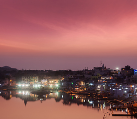 Image showing Sacred Puskhar lake (Sagar) and ghats of town Pushkar in twilig