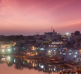 Image showing Sacred Puskhar lake (Sagar) and ghats of town Pushkar in twilig