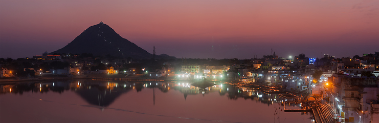 Image showing Panorama of Sacred Puskhar lake (Sagar) and ghats of town Pushk