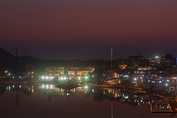 Image showing Sacred Puskhar lake (Sagar) and ghats of town Pushkar in twilig