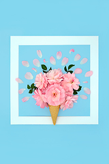 Image showing Fantasy Surreal Summer Rose Flower Ice Cream Cone Background 