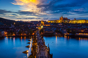 Image showing Night view of Prague, Charles Bridge, Vltava river