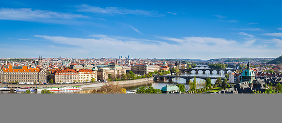 Image showing Panoramic view of Prague bridges over Vltava river