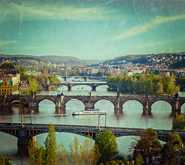 Image showing Panoramic view of Prague bridges over Vltava river