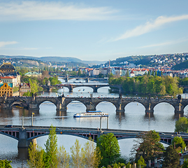 Image showing Panoramic view of Prague bridges over Vltava river