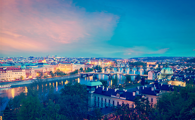 Image showing Panoramic view of Prague bridges over Vltava river