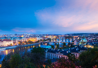 Image showing Panoramic view of Prague bridges over Vltava river