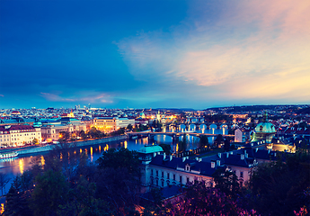 Image showing Panoramic view of Prague bridges over Vltava river