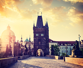 Image showing Charles bridge tower in Prague on sunrise