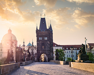 Image showing Charles bridge tower in Prague on sunrise