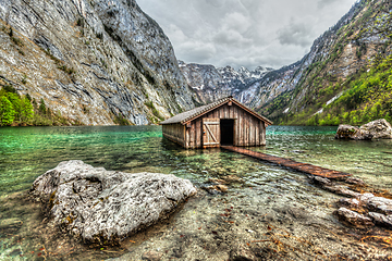 Image showing Boat dock hangar on Obersee mountain lake in Alps