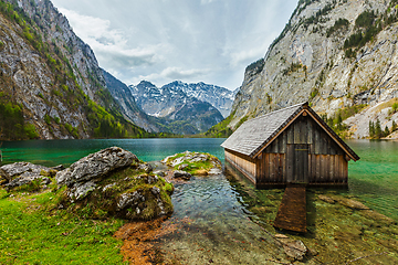 Image showing Boat dock on Obersee lake. Bavaria, Germany