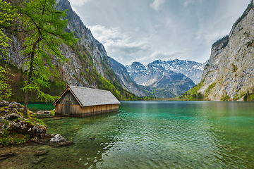 Image showing Boat dock on Obersee lake. Bavaria, Germany