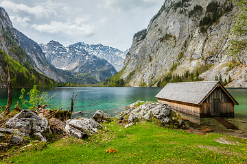 Image showing Boat dock on Obersee lake. Bavaria, Germany