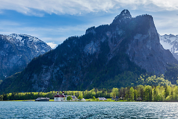 Image showing Koningsee lake and St. Bartholomew's Church, Germany