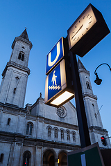 Image showing U-Bahn sign and St. Ludwig's Church (Ludwigskirche) in the eveni