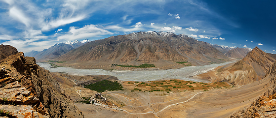 Image showing Aerial panorama of Spiti valley and Key gompa in Himalayas