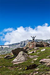 Image showing Happy tourist in mountains