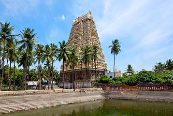 Image showing Gopura (tower) and temple tank of Lord Bhakthavatsaleswarar Temp