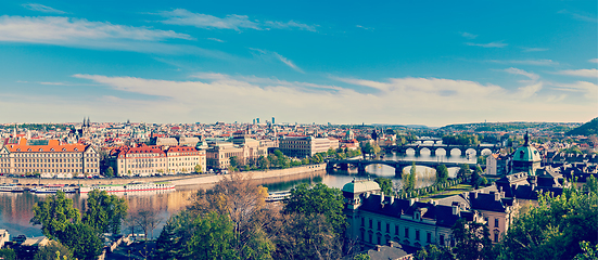 Image showing Panoramic view of Prague bridges over Vltava river