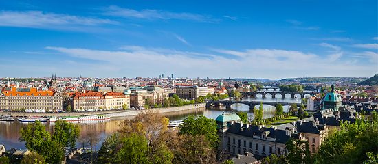 Image showing Panoramic view of Prague bridges over Vltava river