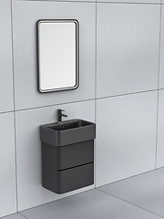 Image showing Black wash basin cabinet with faucet and mirror
