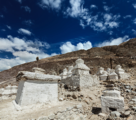 Image showing Chortens (Tibetan Buddhism stupas) in Himalayas. Nubra valley, L