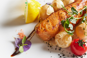 Image showing Roast salmon with potatoes on white plate. Shallow dof