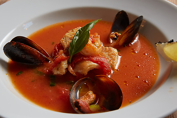 Image showing Close up of a bowl of italian seafood soup