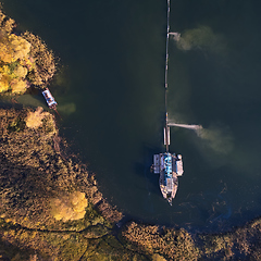 Image showing On the river there are works on extraction of sand. Works dredge