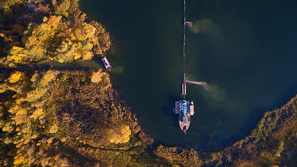 Image showing On the river there are works on extraction of sand. Works dredge