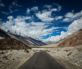 Image showing Road in Himalayan landscape in Nubra valley in Himalayas