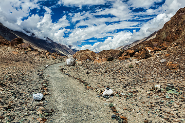 Image showing Foot path to sacred lake Lohat Tso in Himalayas. Nubra valley, Ladakh, India