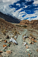 Image showing Foot path to sacred lake Lohat Tso in Himalayas. Nubra valley, Ladakh, India