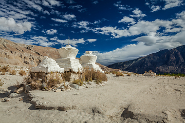 Image showing Chortens (Tibetan Buddhism stupas) in Himalayas. Nubra valley, L