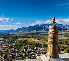 Image showing Dhvaja (victory banner), on the roof of Thiksey monastery. Ladak