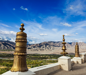 Image showing Dhvaja (victory banner), on the roof of Thiksey monastery. Ladak